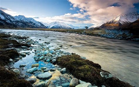 New Zealand Scenery, rocks, new zealand, mountains, river, bonito, blue ...