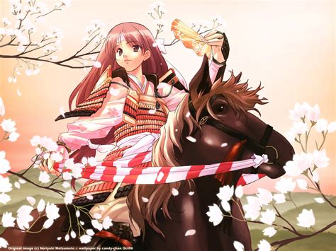 animal armor brown eyes brown hair fan flowers headband horse japanese clothes long hair ...