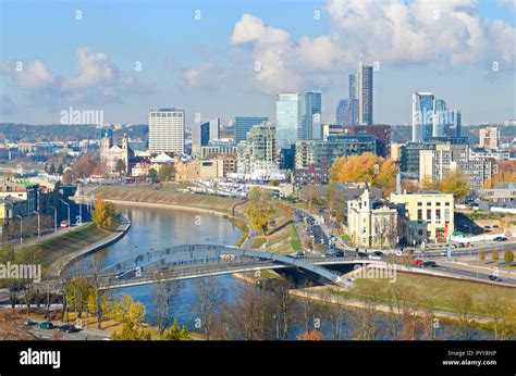 Vilnius, capital of Lithuania, scenic aerial panorama of modern business financial district ...