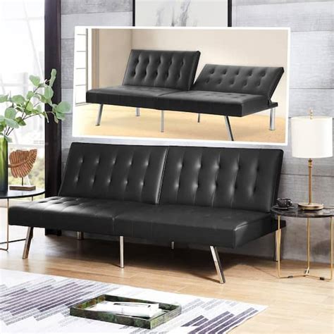 HOMESTOCK Black, Faux Leather Tufted Split Back Futon Sofa Bed, Couch Bed, Futon Convertible ...