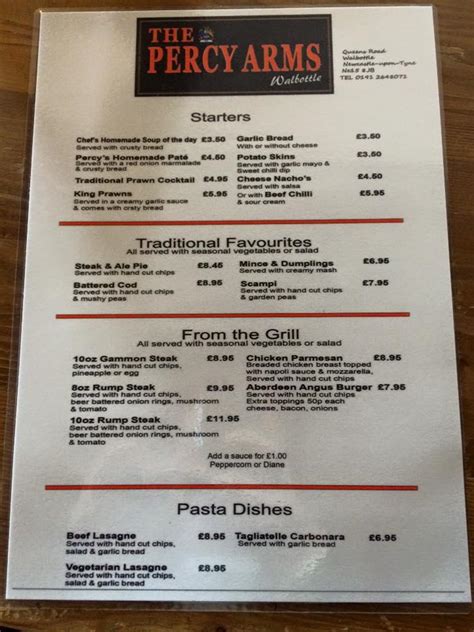 Menu at The Percy Arms Walbottle pub & bar, Newcastle upon Tyne, Queens Rd