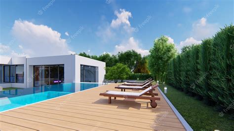 수영장 건물 건축 외관을 갖춘 3d 렌더링 미니멀리즘 현대적인 집 | 프리미엄 사진