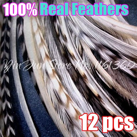 12PCS 6" 12" Grizzly Ombre Real Hair Rooster Feathers Hair Extensions Accessory for Styling ...