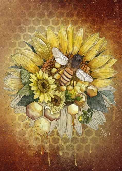 Honey Bee Tattoo, Honeybee Art, Bee Artwork, Bee Drawing, Bee Painting, Sunflower Art, Sunflower ...