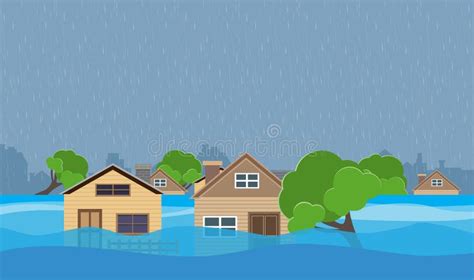 Flood Natural Disaster with House, Heavy Rain and Storm , Damage with ...