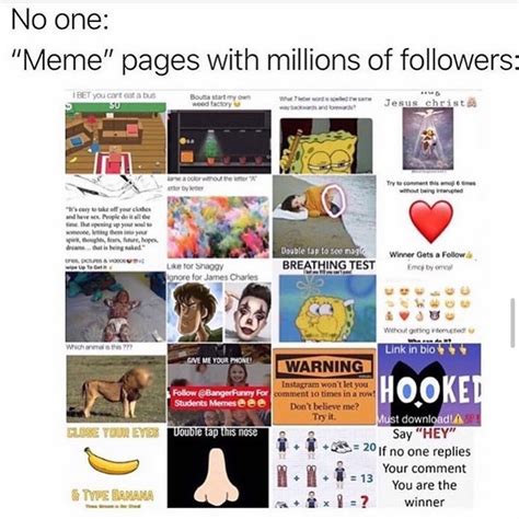 No one: "Meme" pages with millions of followers: - Funny