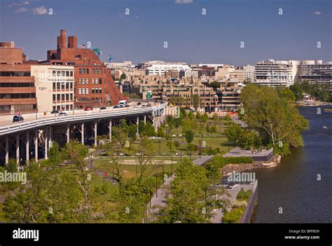 WASHINGTON, DC, USA - Georgetown Waterfront Park, and elevated Whitehurst Freeway, in Georgetown ...