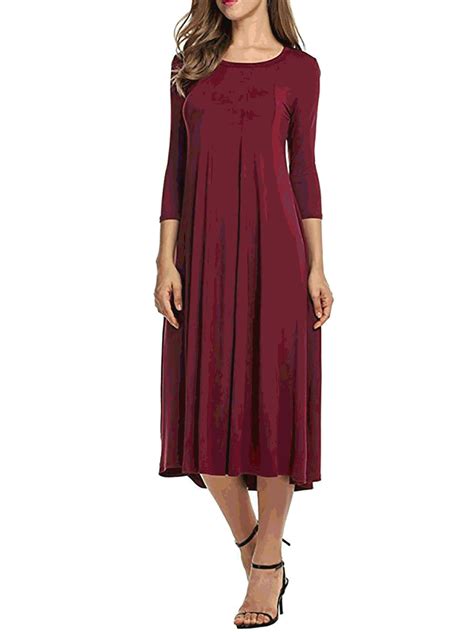 Crew Neck Women Elegant Dress Swing Daytime 3/4 Sleeve Cotton Paneled ...