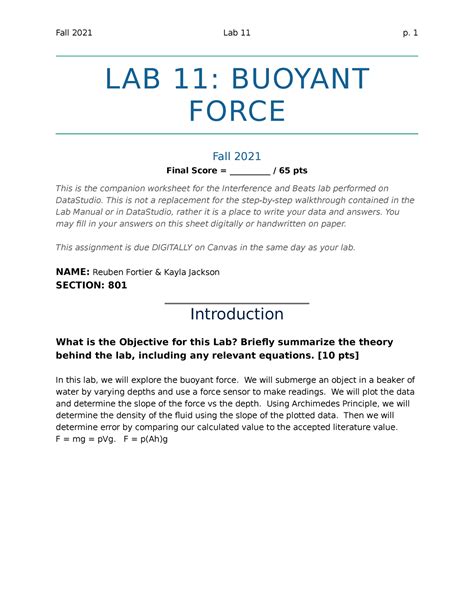 Lab 10 - Buoyant force lab worksheet. - LAB 11: BUOYANT FORCE Fall 2021 ...