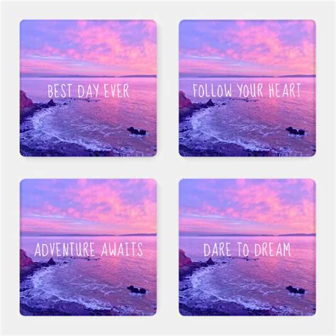 4 Purple Pink Ocean Sunset Photo Inspiration Quote Coaster Set | Zazzle