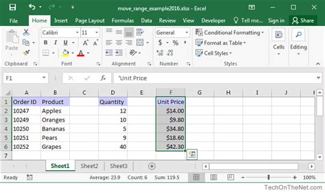 MS Excel 2016: Move a Range