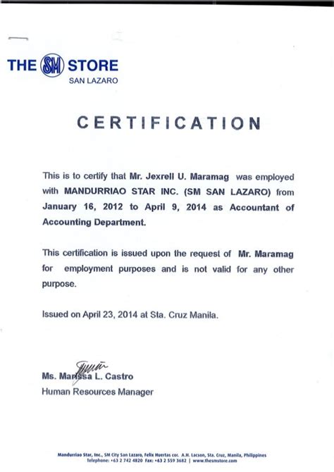 Certificate of Employment - MSI - SM Dep Store