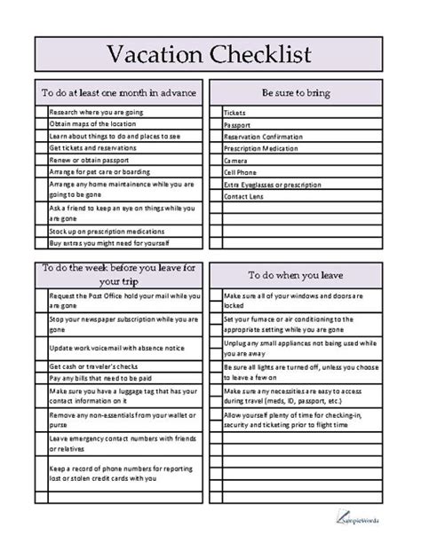 Vacation Checklist - Download and Print PDF Document