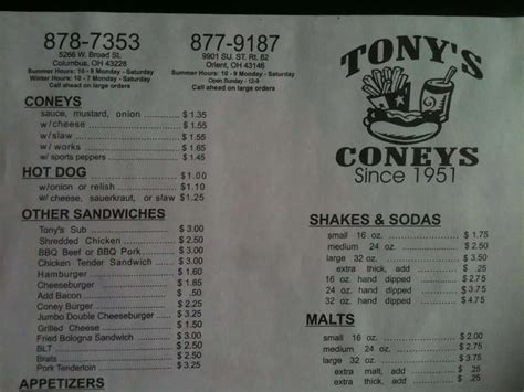 Menu at Tony's Coneys restaurant, Columbus