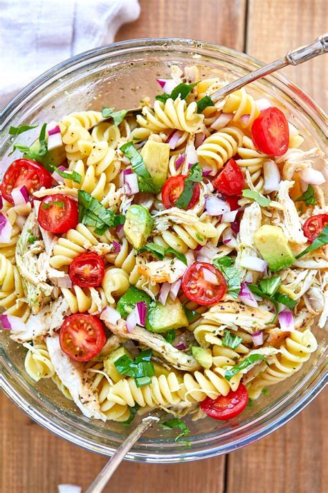 Gesunder Hühnernudelsalat mit Avocado, Tomate und Basilikum | Chicken ...