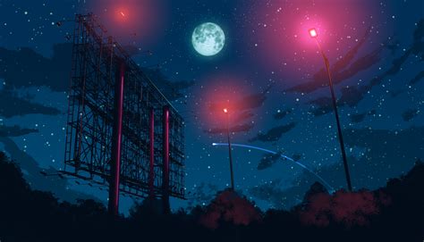 anime, Moon, street light, night sky, stars, digital art, artwork ...