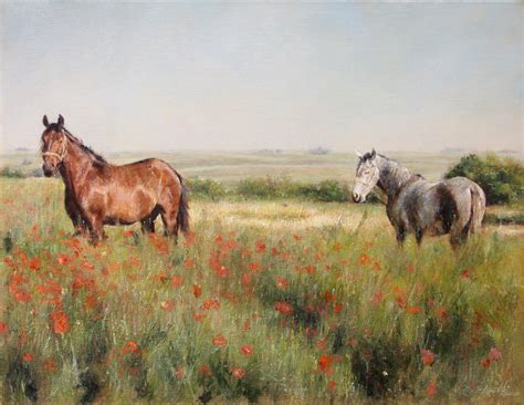 Horses in a Poppy field – Landscape Animals Oil painting | Fine Arts Gallery - Original fine Art ...