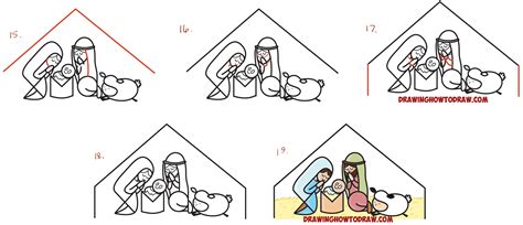 How to Draw Cartoon Nativity Scene with Mary, Jesus, and Joseph in a Manger : Xmas Word Toon ...