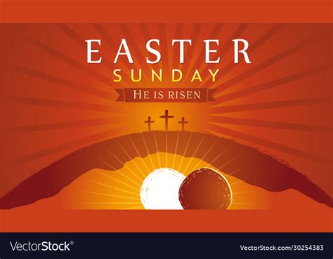 Easter sunday he is risen tomb and crosses sunrise