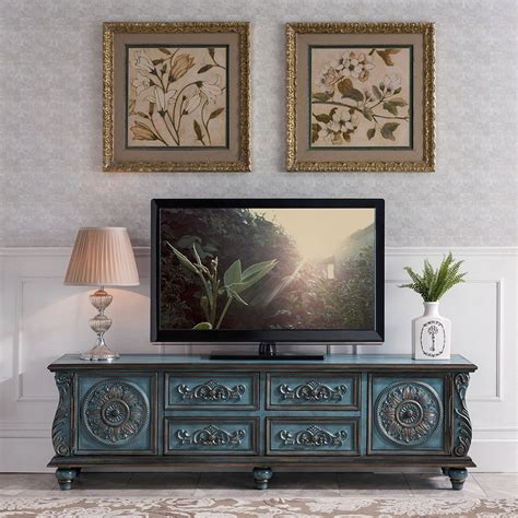 Vintage 70" TV Stand Distressed Carved TV Console with Drawers Antique Blue