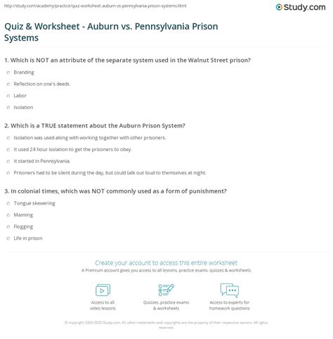 Quiz & Worksheet - Auburn vs. Pennsylvania Prison Systems | Study.com