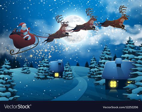 Santa claus flying on a sleigh with deer house Vector Image