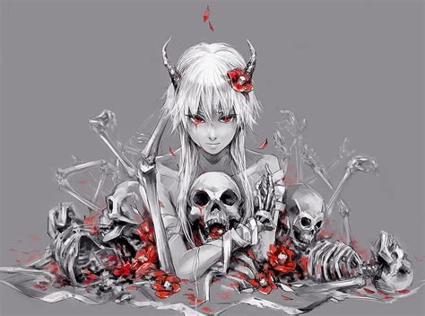 : drawing, illustration, anime girls, selective coloring, horns, blood ...