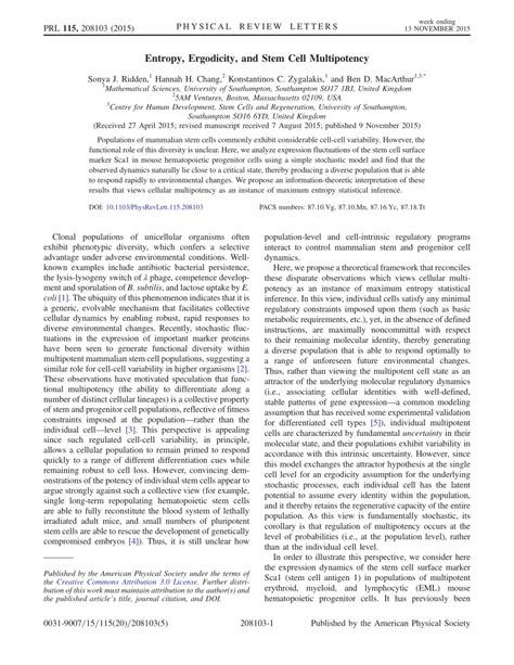 (PDF) Entropy, Ergodicity, and Stem Cell Multipotency