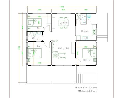 House Design 10x10 with 3 Bedrooms full interior - House Plans 3D