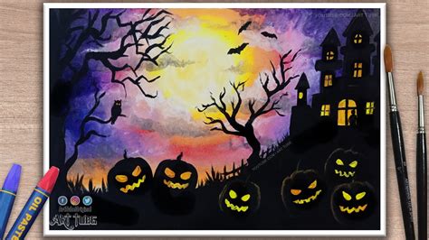 Halloween Drawing | Haunted House Scenery | How to Draw Halloween Pumpkin, Tree, Bats - YouTube