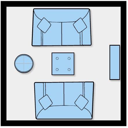 a drawing of a living room with blue furniture