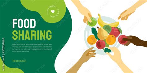 Food sharing illustration. Layout of share meal, waste reduction, help restaurant or cafe sell ...