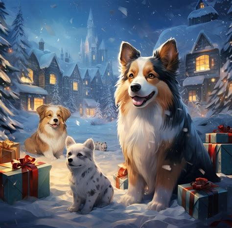 Premium AI Image | Christmas background dogs with New Year's gifts ...