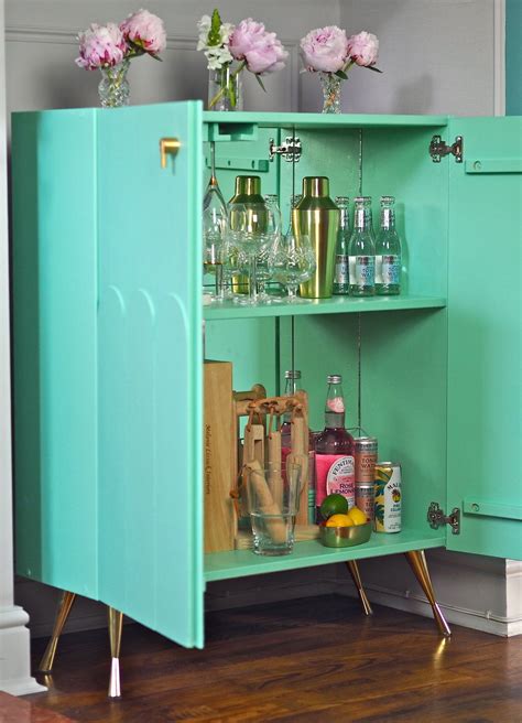 DIY drinks cabinet. Ikea hack ivar cabinet. cabinet upcycle and makeover in mint green. Cocktail ...