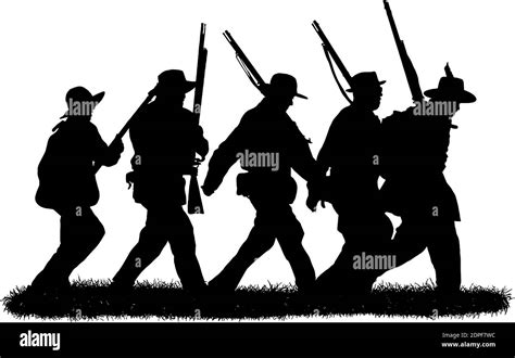 Group of American Civil war soldiers, silhouettes in black on white background, vector graphic ...