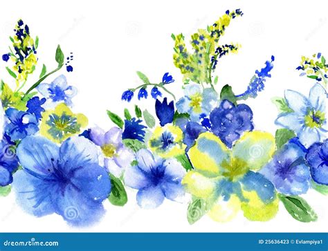 Watercolor Blue And Yellow Flowers Stock Illustration - Illustration of flower, field: 25636423