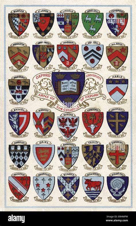 Coats of Arms of the Colleges of Oxford University. Reads 'Oxford University, Arms of the ...