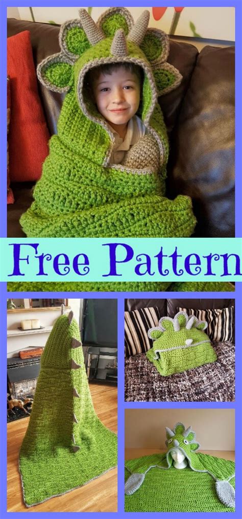 Crochet Hooded Dinosaur Blanket - Free Pattern - DIY 4 EVER