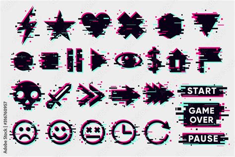 Glitch icons set. Interface navigation elements with glitchy effect ...