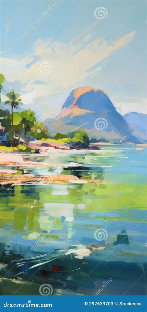 Tropical Landscape Painting: Beach Near Mountains Stock Illustration - Illustration of vibrant ...