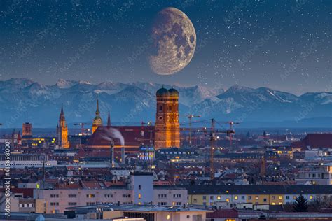 Munich skyline aerial view, munich night old town pre alps mountains ...