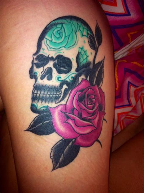 My sugar skull tattoo #sugarskull #skull #thigh #tattoo #inlove #pink # ...