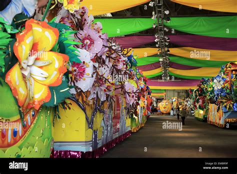 Various Mardi Gras parade floats displaying in the float den in Mardi Gras World, New Orleans ...