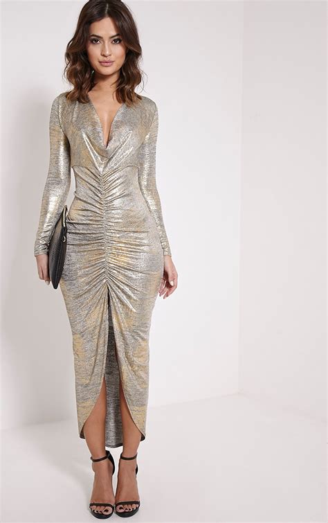 Ellie Gold Metallic Ruched Maxi Dress | PrettyLittleThing