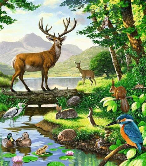 a painting of animals and birds in the woods