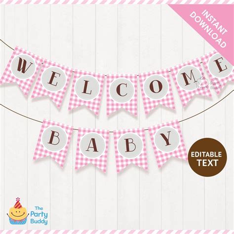 Welcome Baby Girl Banner Editable Text Pink Buffalo Gingham | Etsy | Baby girl banner, Birthday ...