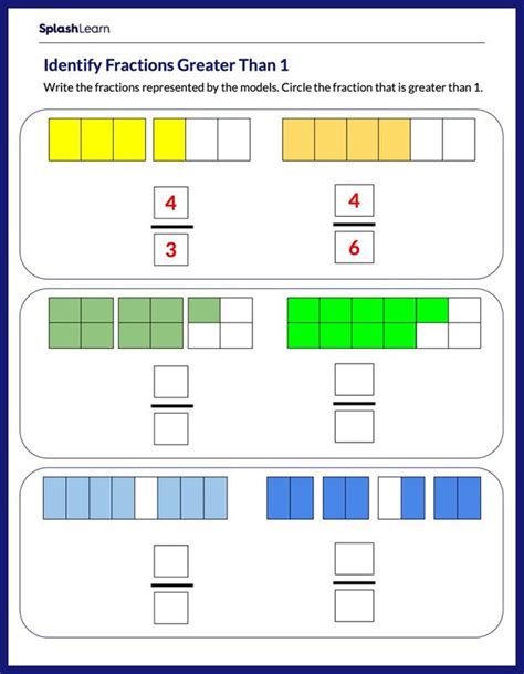 Identify Fractions Greater Than 1 using Models - Math Worksheets ...