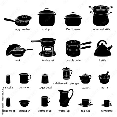 Kitchen utensils illustrations set. Cooking, dinner service, with names. Black silhuettes of ...