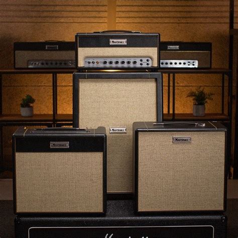 three amps are stacked on top of each other in front of a shelf with plants