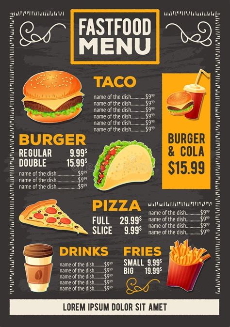 Vector Cartoon Illustration of a Design Fast Food Restaurant Menu Stock Vector - Illustration of ...